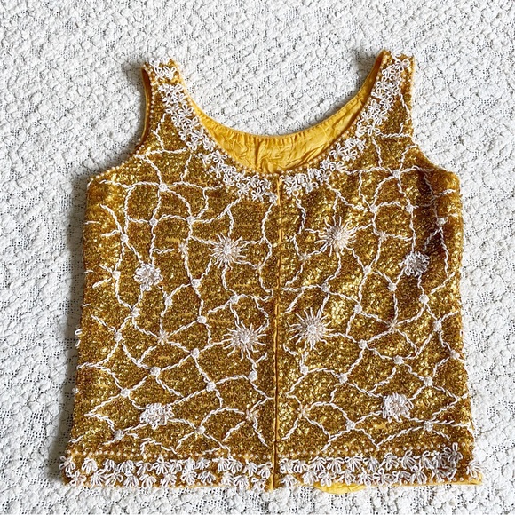 Vintage 1960s Mod Sequin Cropped Tank Cardell Made in Hong Kong, Gold White, S - Picture 3 of 8